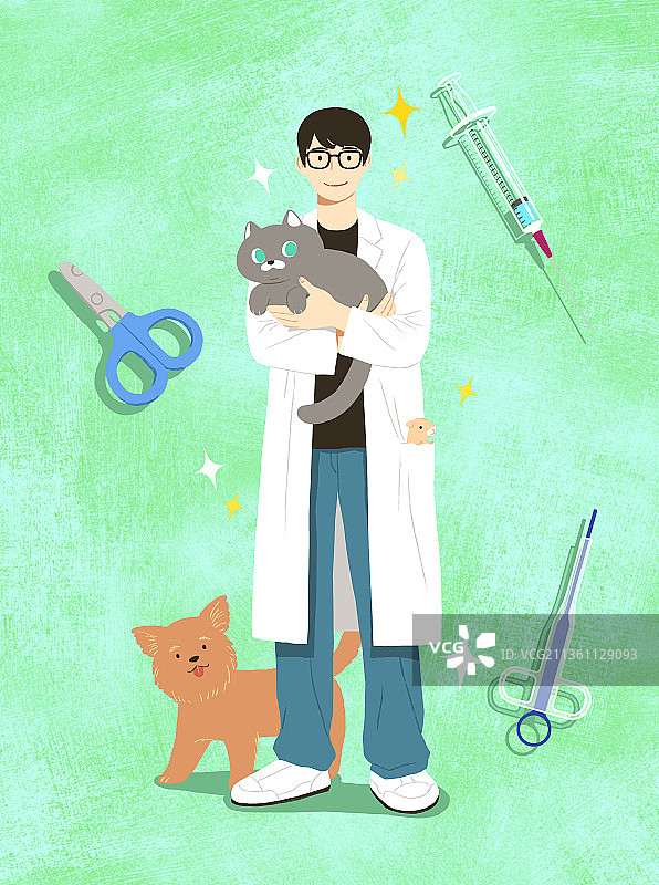 人物，职业，全身照，兽医，小狗，猫，注射器，白大褂图片素材