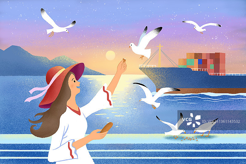 《女孩与海鸥》图片素材