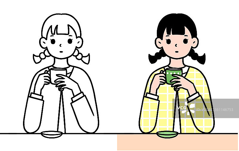 线条插画坐在桌前喝水的可爱女孩图片素材