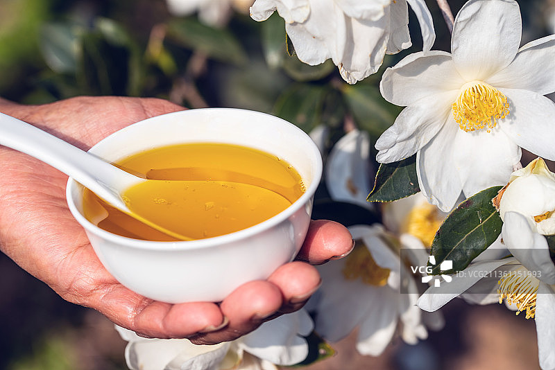 手捧一碗金黄色的茶籽油图片素材