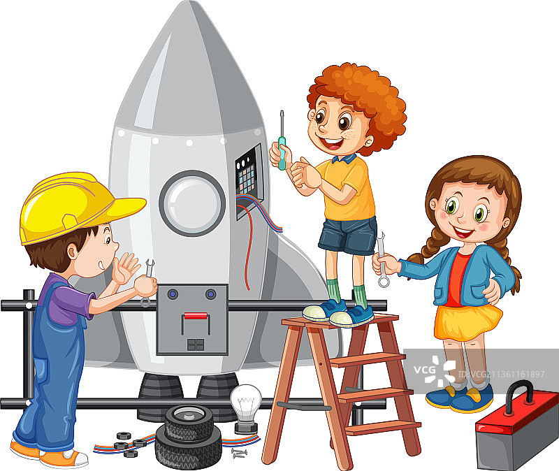 儿童一起修理火箭，白色背景图片素材