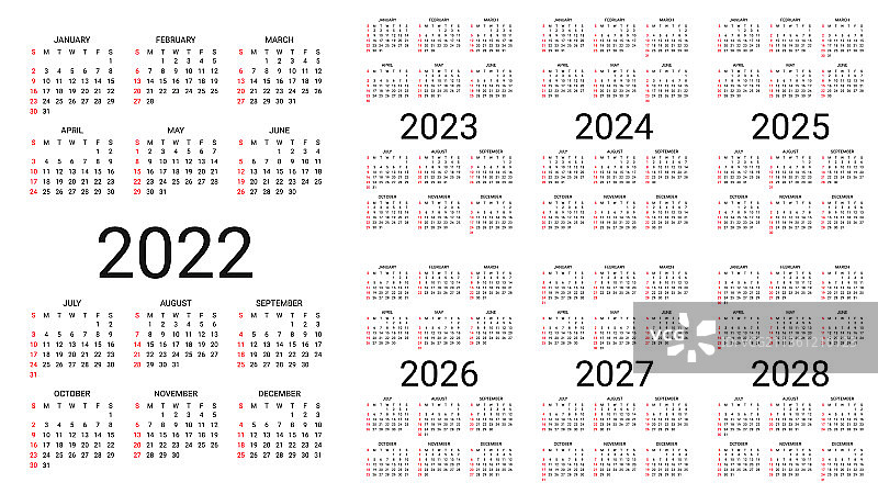 2022年至2028年日历图片素材