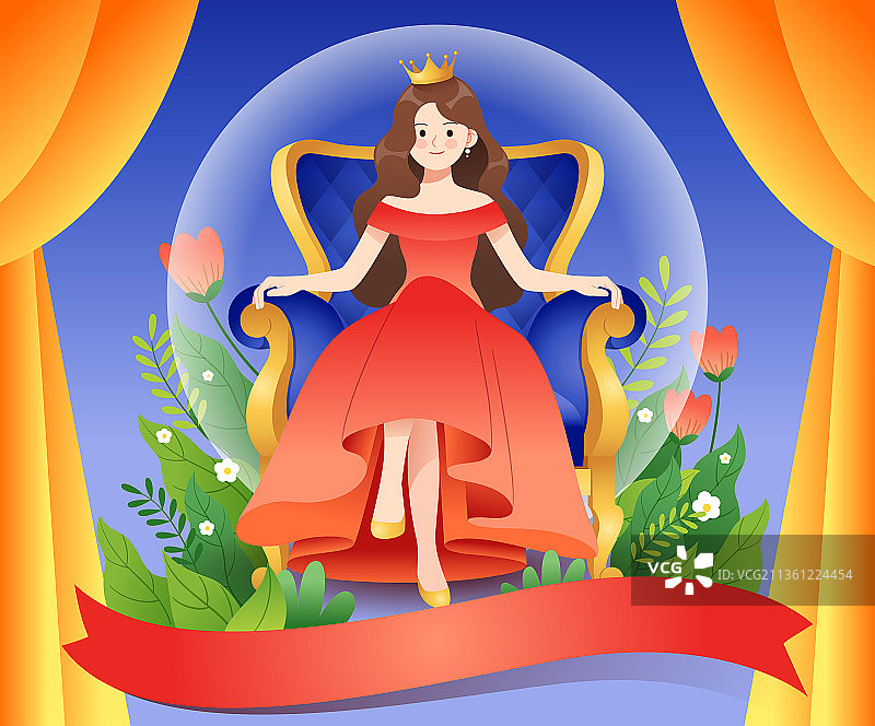 女王坐在鲜花环绕的宝座上图片素材