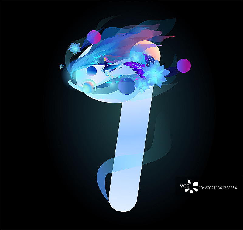 原创耳机视觉效果一个耳机创意插画梦幻黑色背景花朵水流线条时尚图片素材