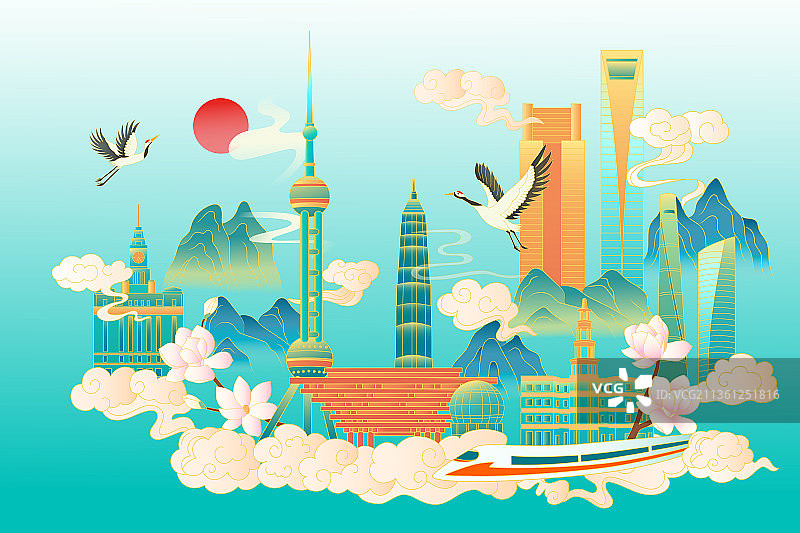 中国风上海城市矢量插画图片素材