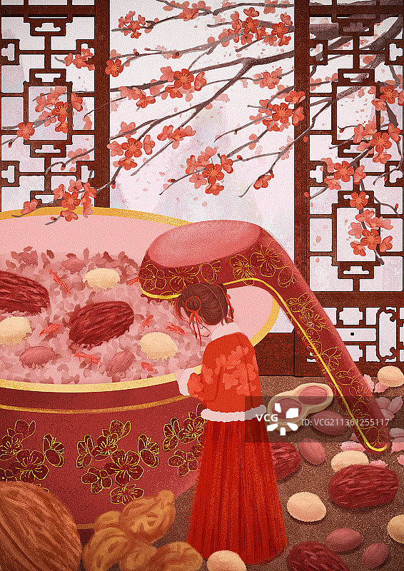 室内红梅红衣小女孩趴在碗上看腊八粥无字图片素材