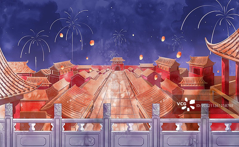 新年除夕夜古城插画图片素材
