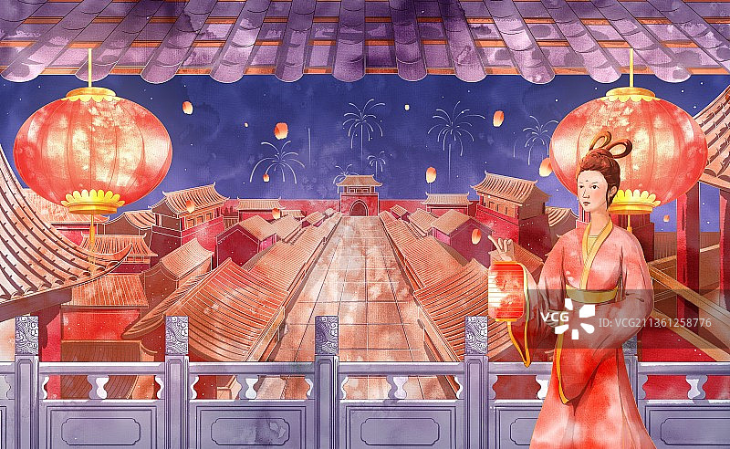 新年除夕夜古城插画图片素材