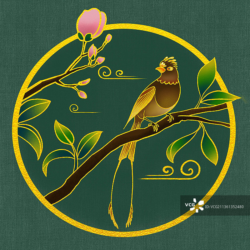 国潮小图-桃花小鸟图片素材