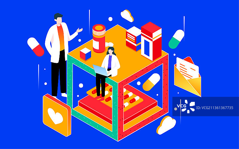 医疗科技等距人物插画健康保障医生对话海报图片素材