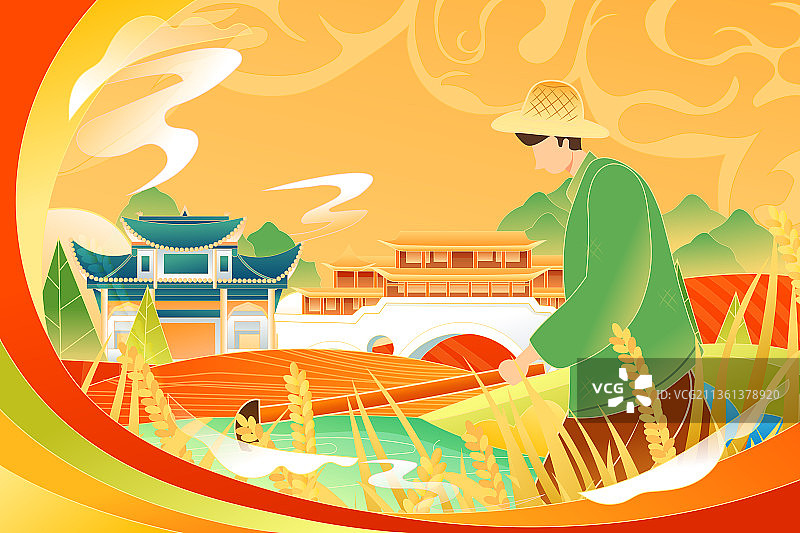 卡通春季春天农民农耕劳动春耕自然风景古建筑中国风国潮矢量插画图片素材