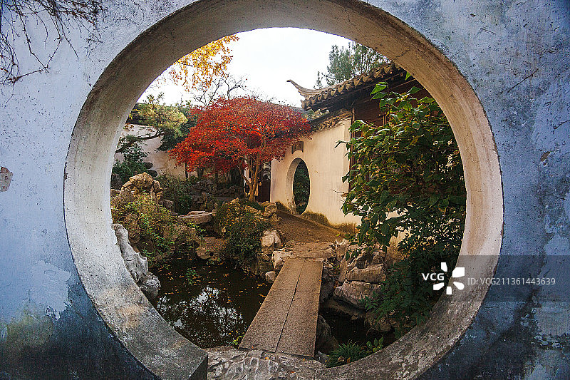 世界遗产苏州园林艺圃，红枫正艳。图片素材