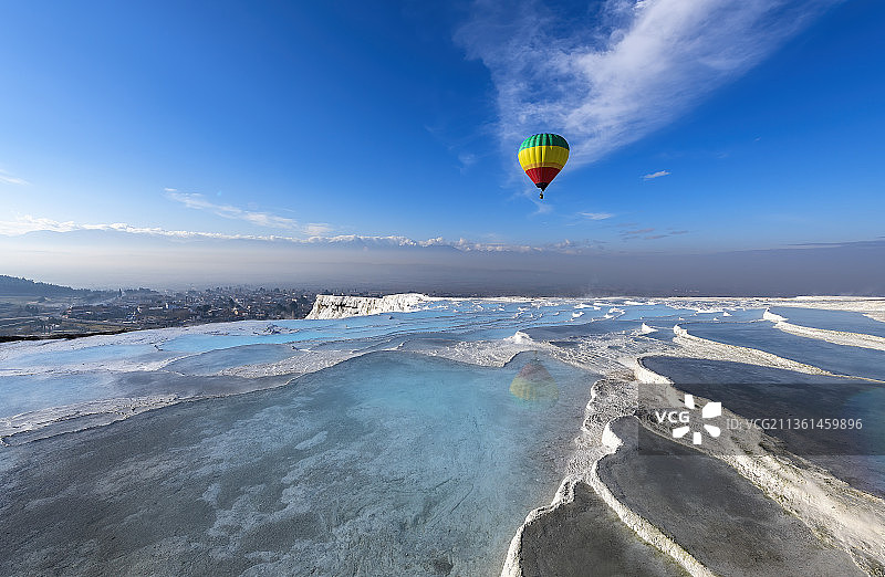 飞行色彩，土耳其棉花堡热气球的风景图片素材