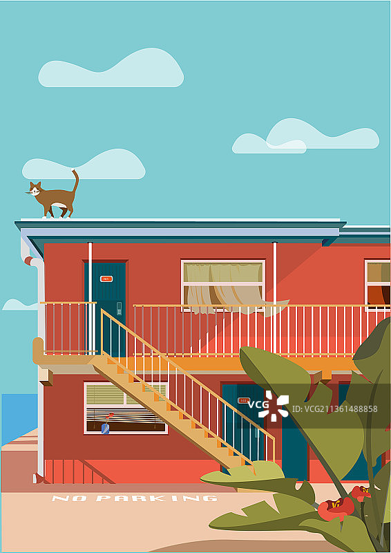 矢量插画海边扁平风格小猫宁静图片素材