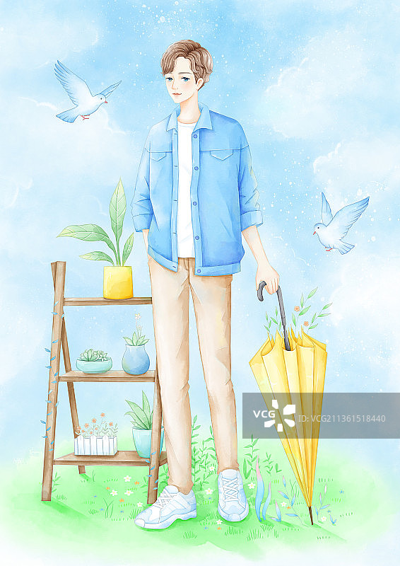 蓝天下的蓝衣少年图片素材