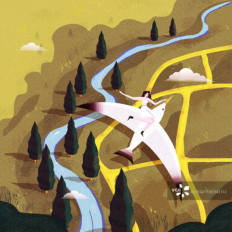 一个女孩坐在一只在天空飞翔的鸟上,俯瞰山川河流树木图片素材