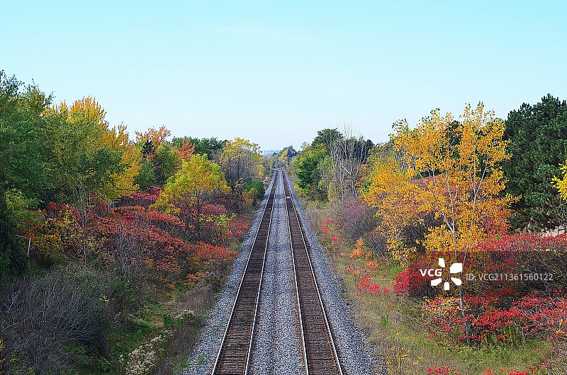秋季铁路轨道的鸟瞰图图片素材