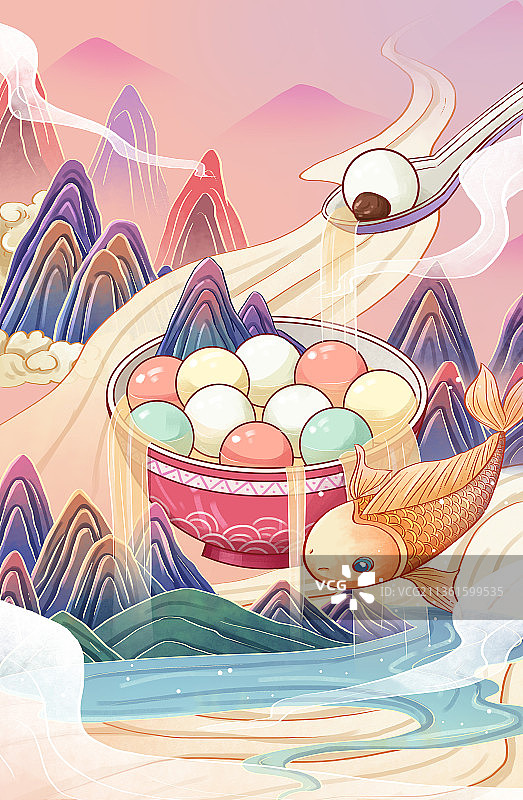 国风冬至节气汤圆元宵节锦鲤鲤鱼山水插画图片素材