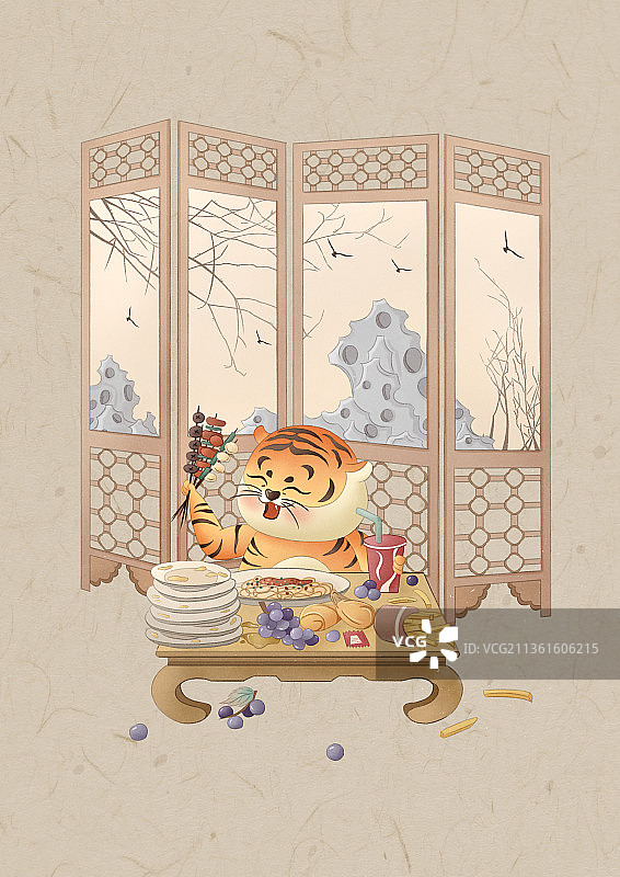 中国风虎年生肖成语插画虎吃海喝图片素材