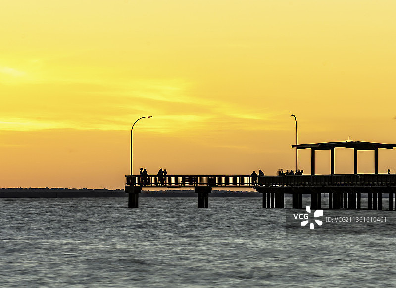 码头景观：阿拉巴马州费尔霍普日落时分海边码头剪影，美国图片素材