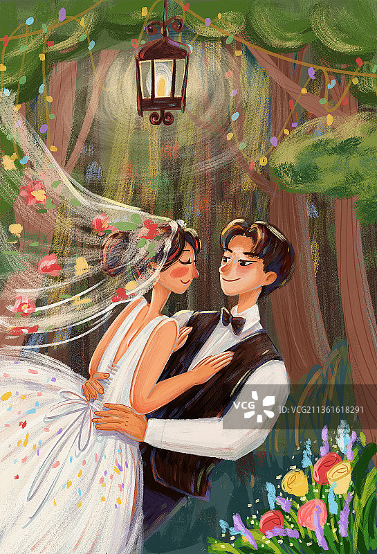复古风婚纱系列插画彩色婚纱主题图片素材