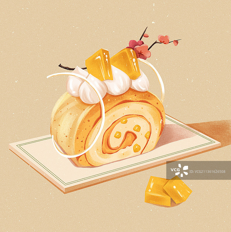 食物插画-芒果蛋糕卷图片素材