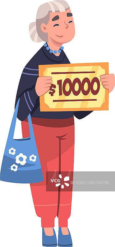 快乐的年长妇女拿着支票与总金额作为图片素材