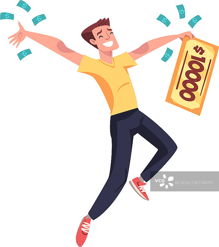 快乐的男人拿着一笔总额支票跳跃图片素材