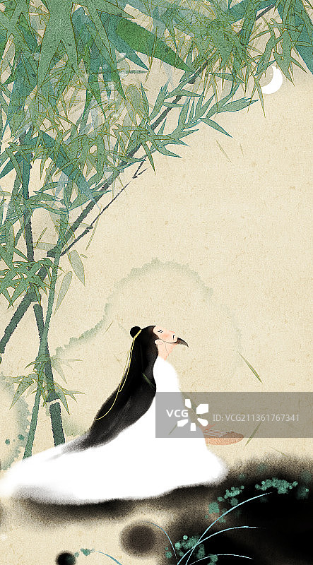 月光竹林弹琴的古代高士风景插画图片素材