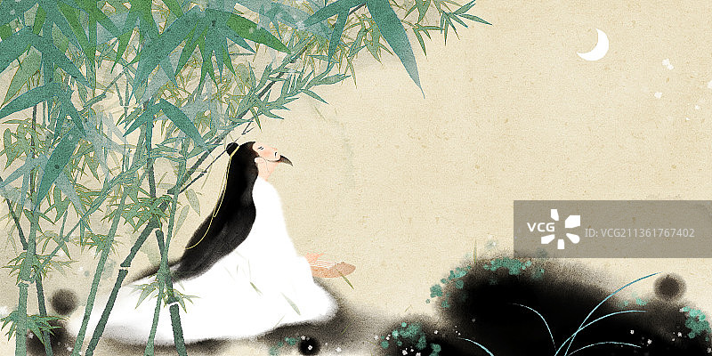 月光竹林弹琴的古代高士风景插画图片素材