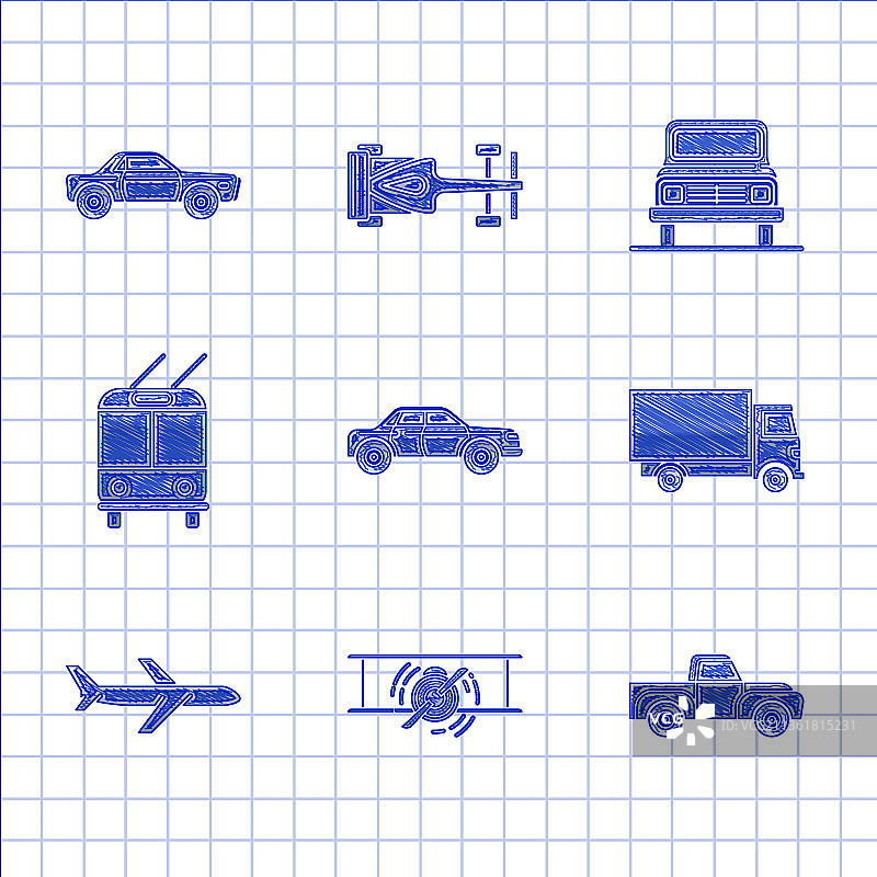 复古轿车飞机皮卡组合图片素材