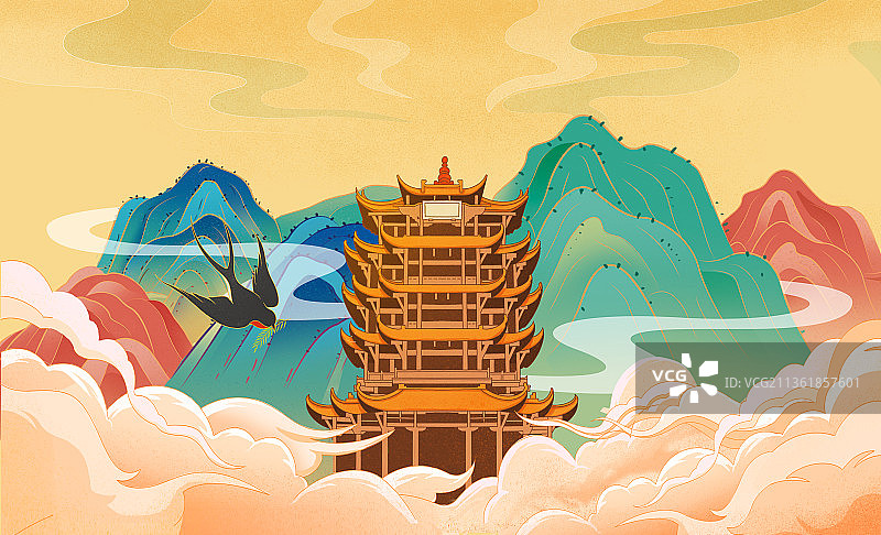 国潮风黄鹤楼建筑山峰插画图片素材