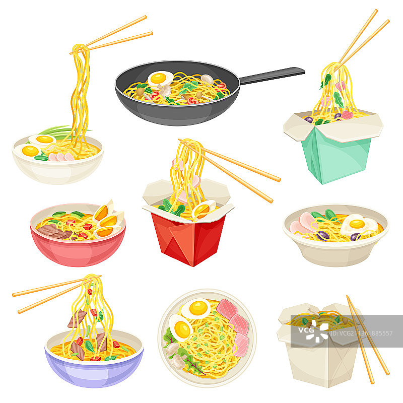 亚洲传统餐食面条鸡蛋肉套餐图片素材