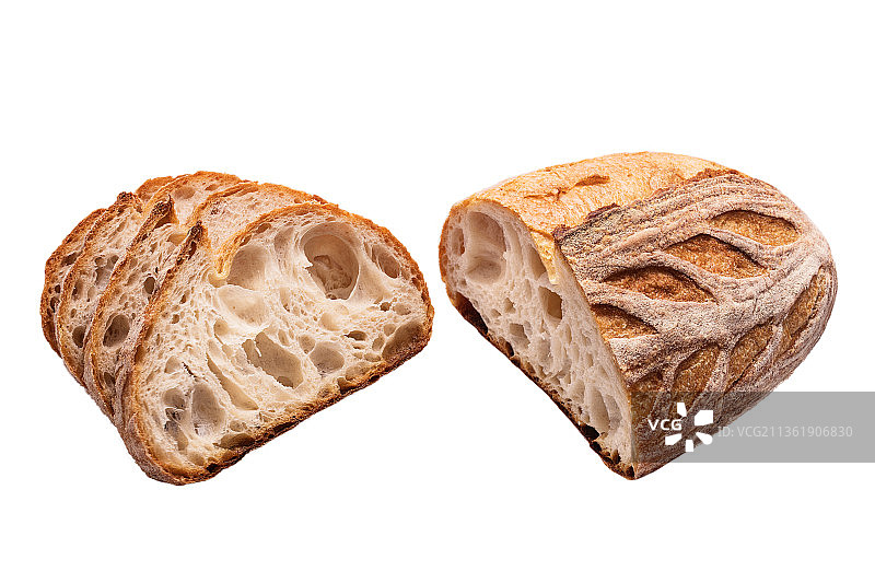 白色背景上的新鲜烘焙酸面包片图片素材