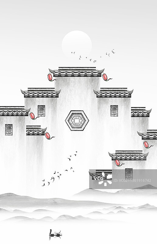 中式江南水乡水墨画徽派建背景墙图片素材