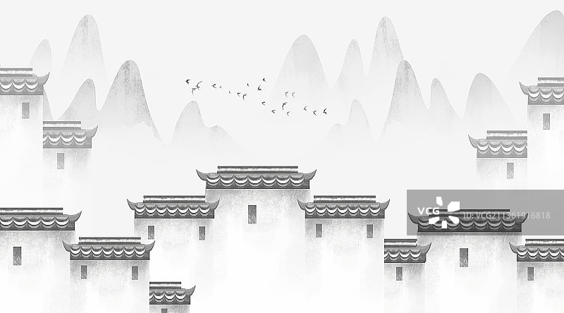 中式江南水乡水墨画徽派建背景墙图片素材