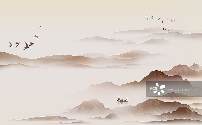 新中式山水画手绘山水背景墙图片素材