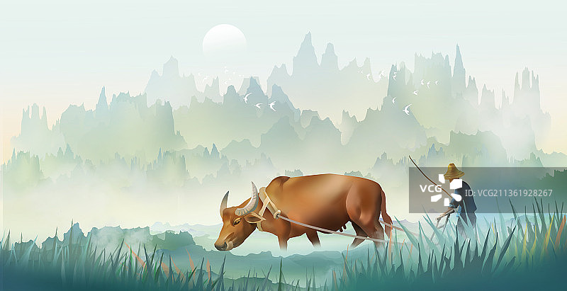 在春天的季节里山乡春农民耕牛耕地播种图片素材