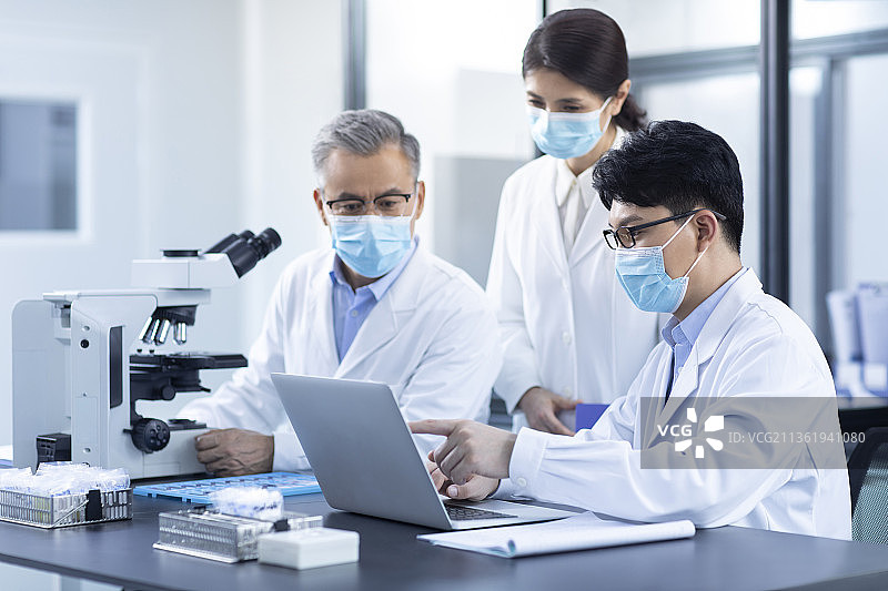 医学研究员在实验室讨论工作图片素材