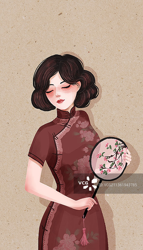 中国风古典美女海棠花式旗袍图片素材