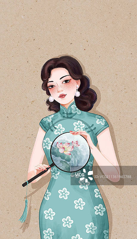 中国风古典美女旗袍装荷花团扇图片素材