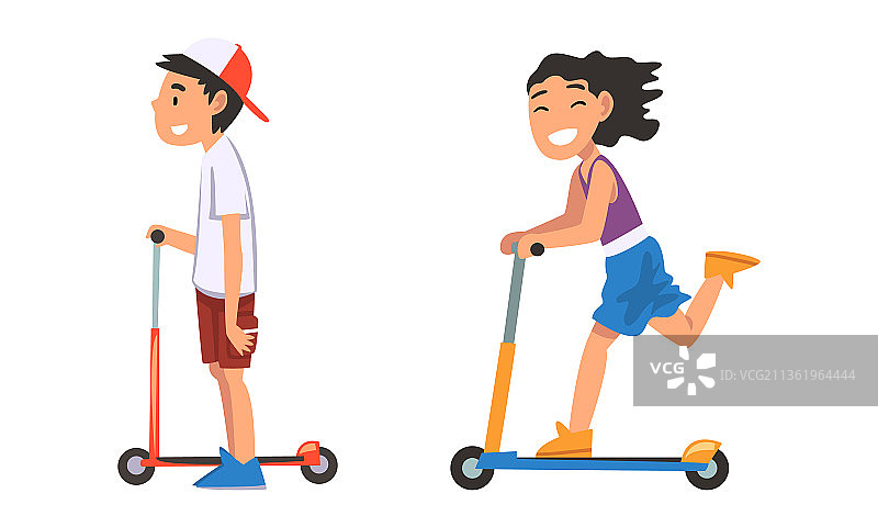 快乐的男孩和女孩骑着滑板车图片素材