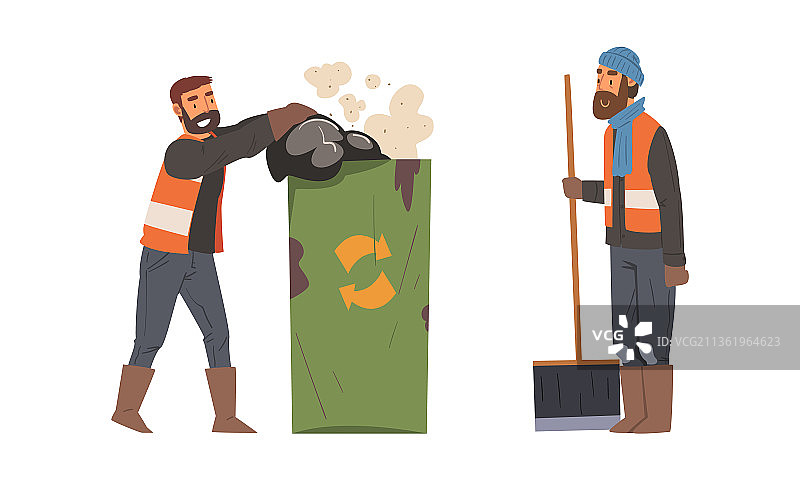 穿橙色背心的络腮胡清洁工在打扫卫生图片素材