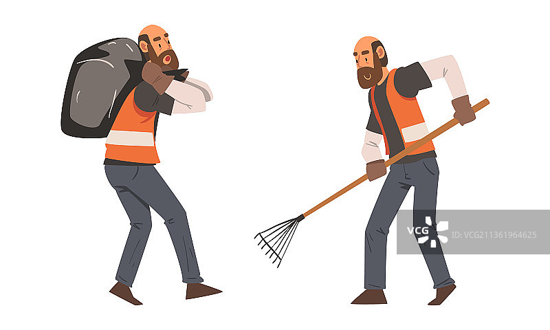 留胡子的男清洁工穿着橙色背心图片素材