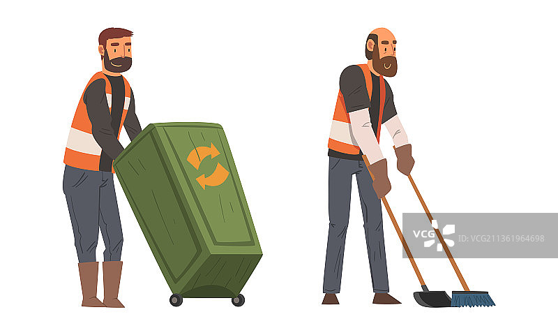 穿着橙色背心的胡须男清洁工拉着东西图片素材
