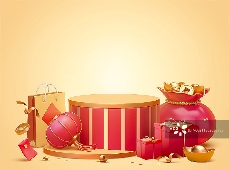 三维新春喜庆中国风产品展台图片素材