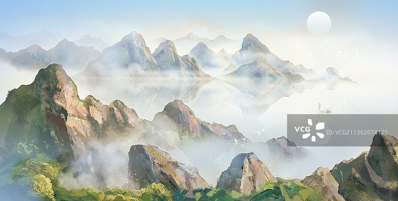 写意意境风景山水画手绘背景插画图片素材