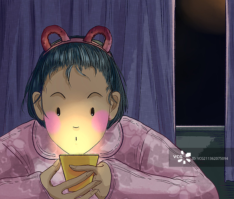 夜晚玩手机女孩插画漫画绘本图片素材