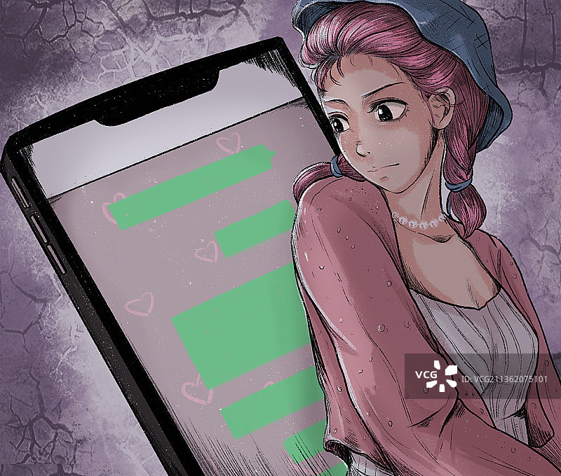 异地恋女孩手机聊天等待回复漫画插画绘本图片素材