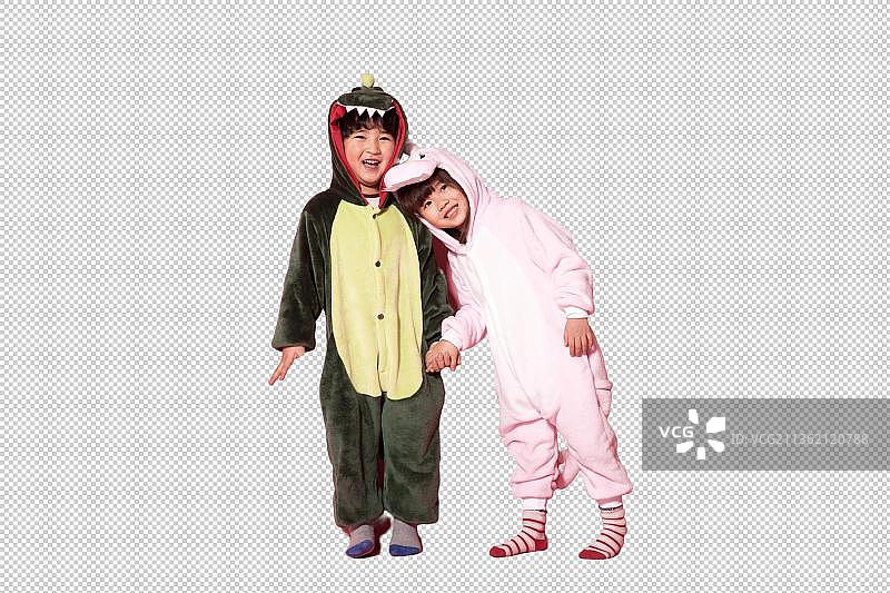 男孩和女孩穿着动物服装站着图片素材